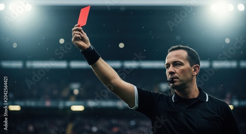 Referee with whistle raising red card in rain