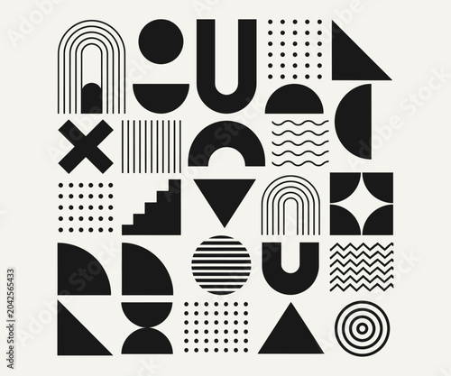 Foto Geometric grid pattern with various black shapes and icons in swiss design and modernist aesthetic