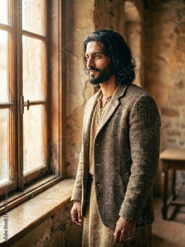 Jesus figure in traditional robe standing by old stone window in warm natural light