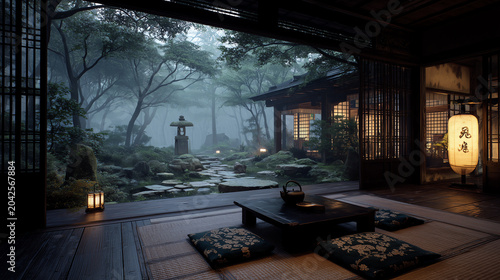 Serene traditional Japanese ryokan tatami room with a low table and floor cushions opening onto a misty garden glowing paper lantern at evening