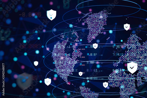 Global digital network security with glowing shield icons protecting holographic world map, cybersecurity data protection and secure internet connection.