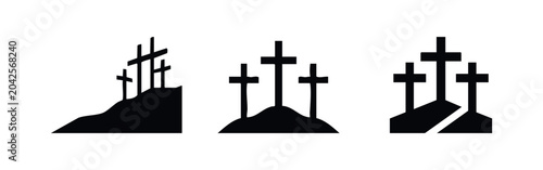 Photography Three black crosses on hills icons on a white background.