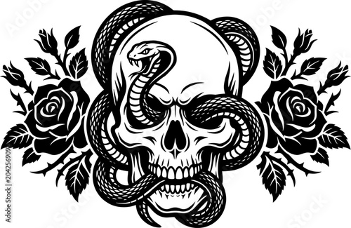 Skull Snake Rose Vector, Snake Coiled Around Skull with Roses Gothic Tattoo Style Vector Illustration