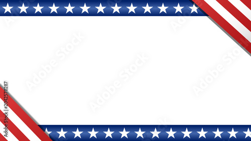 Photos Patriotic American frame featuring stars and stripes border with red, white and blue ribbons and a large center for copy