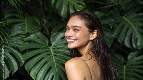 Tropical Skincare Beauty Portrait with Natural Glow and Fresh Radiance