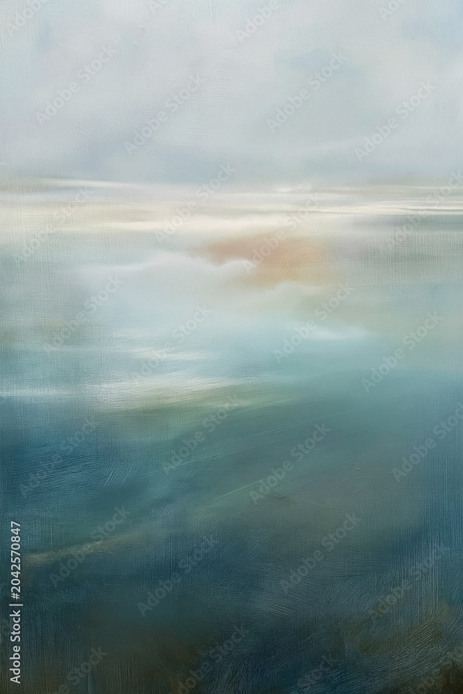 Naklejka premium Abstract oil painting creating a serene, calm atmosphere with a blurry horizon line and gentle color transitions