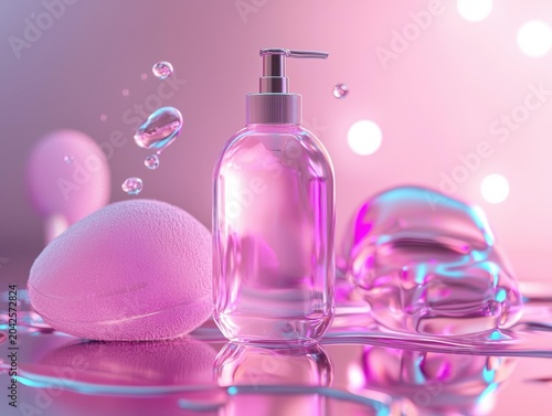 A pink bottle with a pump dispenser sits among abstract pink shapes and water droplets against a soft bokeh background. AI.