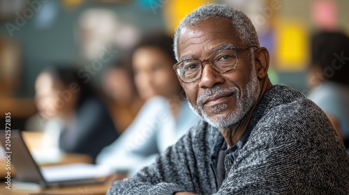 An older man with glasses and gray hair looks at the camera while others are blurred in the background. AI.