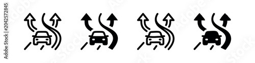 Fotografi Car on a road splitting into multiple lanes with arrows