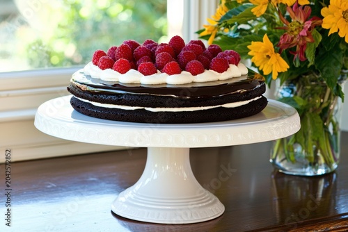 A two-layer chocolate cake topped with whipped cream and fresh raspberries sits on a white cake stand. AI.