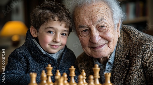 An elderly man and a young boy smile at the camera with a chessboard in the foreground. AI.