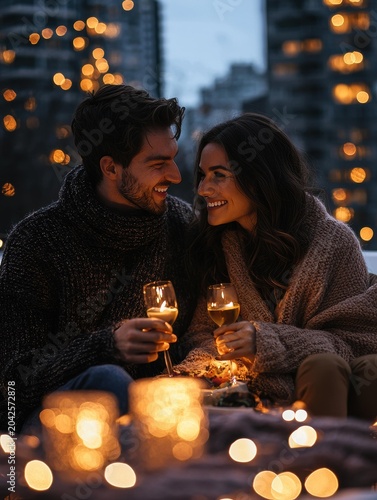 A man and a woman smile at each other while holding wine glasses and sitting outdoors at night, surrounded by bokeh lights. AI.