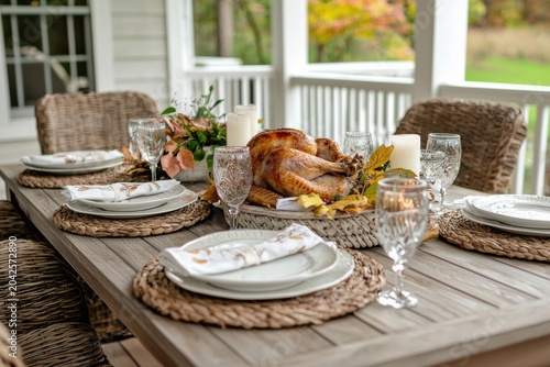 A roasted turkey is the centerpiece of a festive table setting with plates, glasses, and candles on a wooden table outdoors. AI.