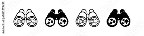 Photography Binoculars with nature icons, symbolizing exploration, wildlife observation, and environmental research