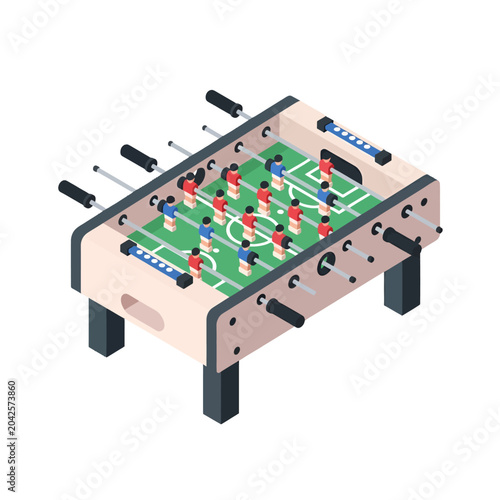 A colorful illustration of a table football game with players in red and blue uniforms