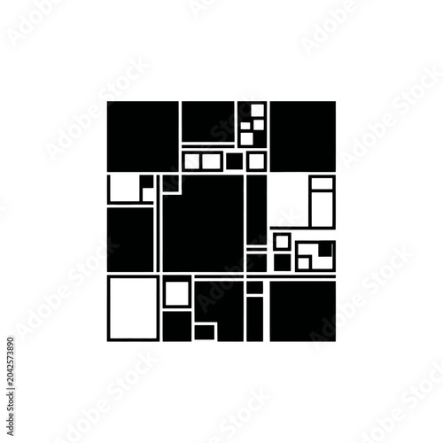 A modern abstract design with black and white geometric shapes and lines composition