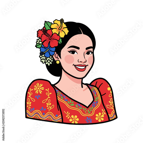 A beautiful woman with flowers in her hair smiles, wearing a colorful traditional dress