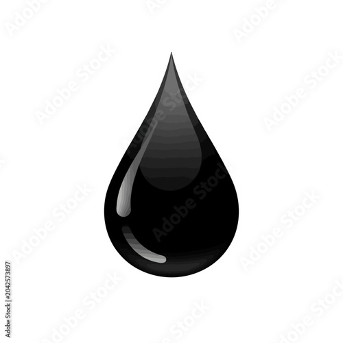A single, isolated, black liquid drop against a plain white background, simple and clean