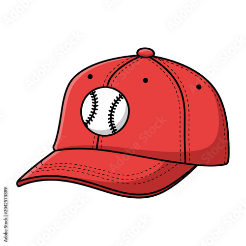 A red baseball cap with a baseball illustration on it, isolated on white background