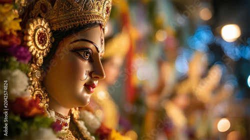Closeup profile of goddess durga idol during durga puja festival celebration
