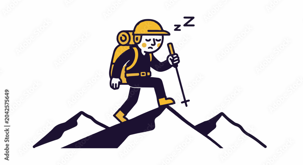 Fototapeta premium Cheerful hiker trekking mountains with ski poles and backpack.