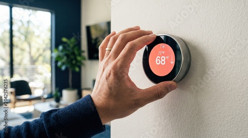 Hand adjusting smart thermostat on wall. Modern home temperature control and hvac automation. Energy efficient climate management concept