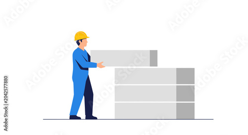 Fotografi Construction worker building with bricks, flat illustration