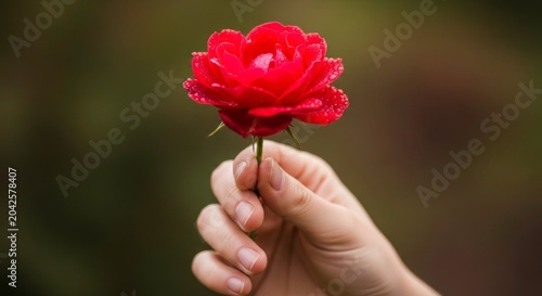 Close up of a hand presenting a vibrant red rose against blurred background