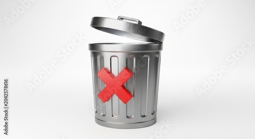Metallic trash can with red x symbol against white background