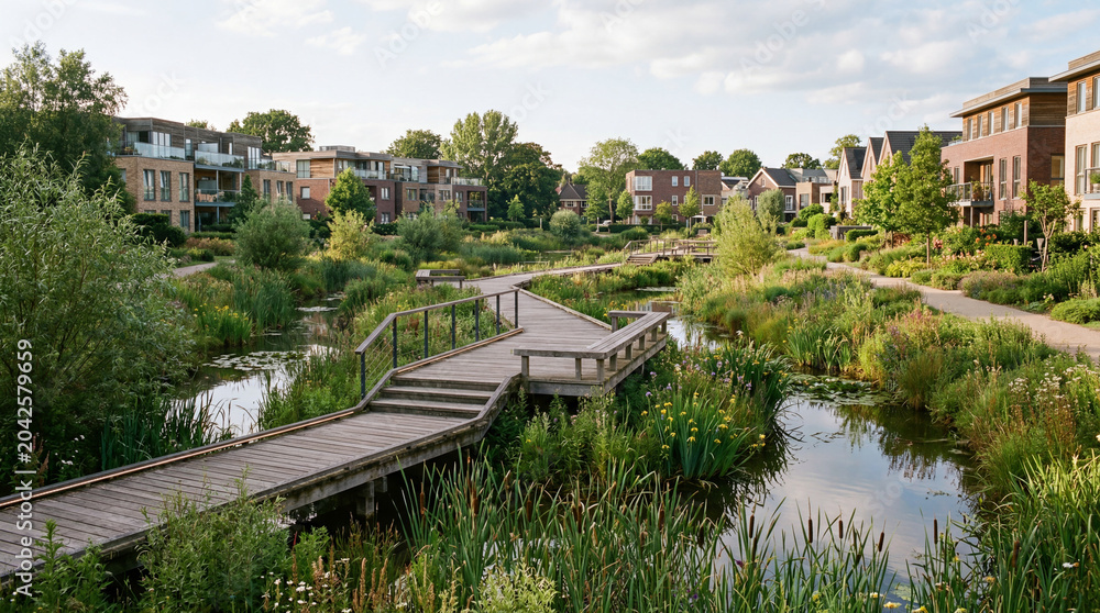 Fototapeta premium Seamless Integration Of A Wooden Boardwalk Crossing Beautiful Urban Wetland Park Inside Residential Neighborhoods Development