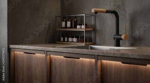 Modern kitchen interior with wooden cabinets and designer faucet