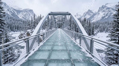 Frozen transparent overpass structure situated within chilly winter environment during subtle peaceful white snow fall