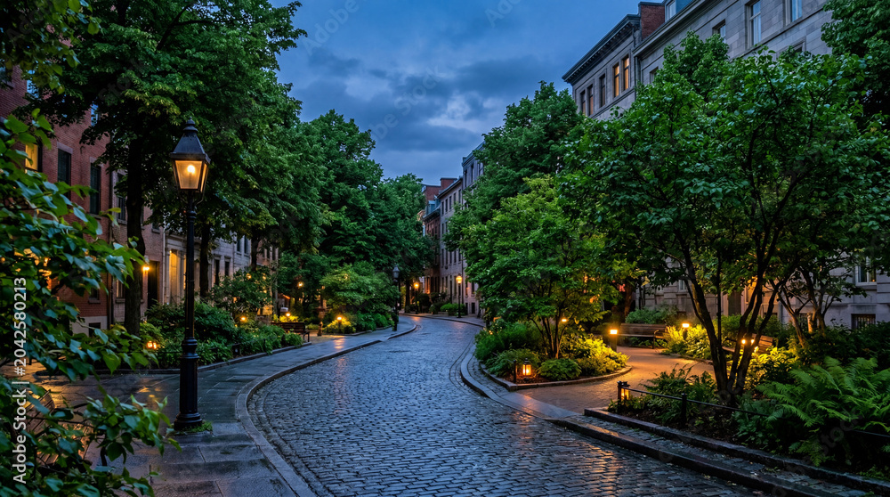 Obraz premium Blue Hour Street Photography Capturing Green City Roadways Enhanced By Subtle Warm Evening Ambient Lights