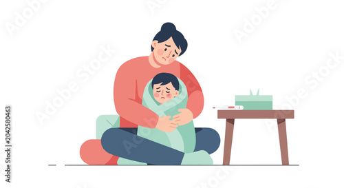 Bild auf Leinwand A concerned mother sits on the floor, tenderly hugging her sick child wrapped in a blanket near a table with medical supplies and tissues