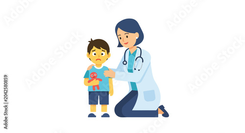 Schilderij op canvas A kind female doctor in a white coat kneels to comfort a worried young child holding a small red toy, illustrating pediatric healthcare