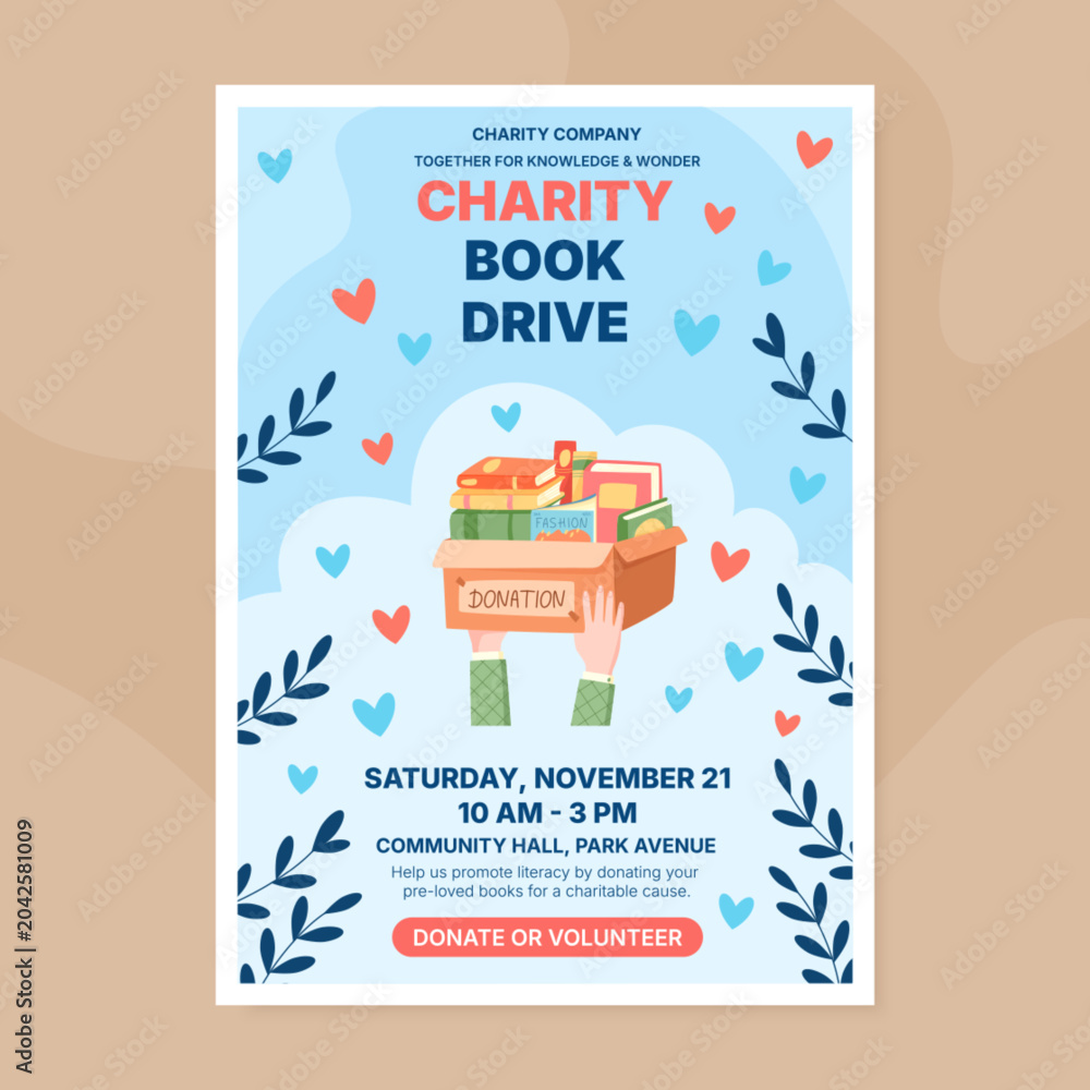 Fototapeta premium Support book donation box art with light blue background and small heart icon accent. Community charity event invite and volunteer appeal show gift donation theme as flat print for social media or