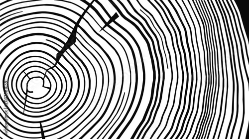 Tree rings - Abstract Black and White Wood Grain Pattern with Concentric Rings and Cracks, Representing Nature's Growth and Time