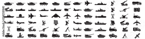 Military Silhouettes Collection of Army, Navy, Air Force Vehicles and Defense Icons