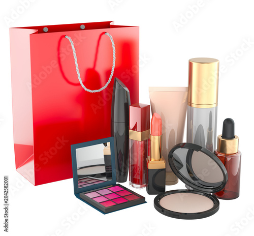 Makeup products with red shopping bag. 3D rendering
