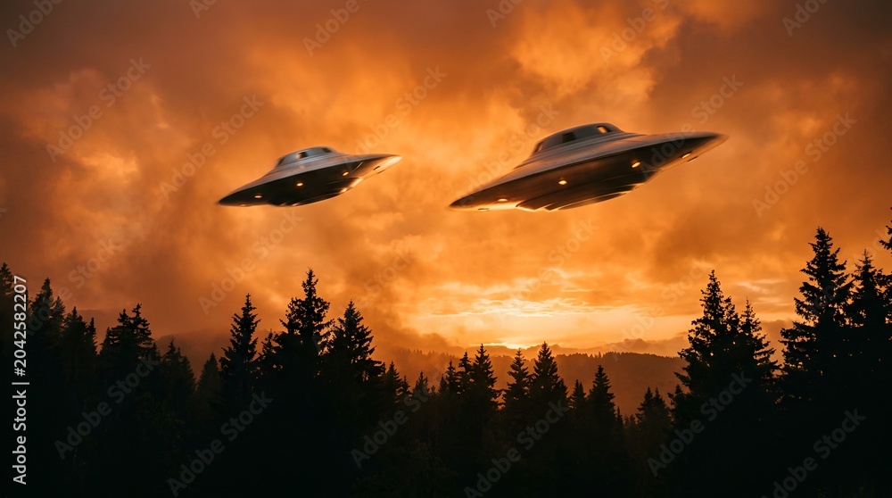 Naklejka premium Two UFOs flying over a dark forest at sunset, dramatic orange sky