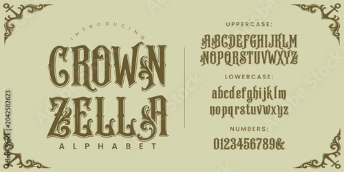 Crown Zella ornate victorian serif alphabet font with maritime anchor details