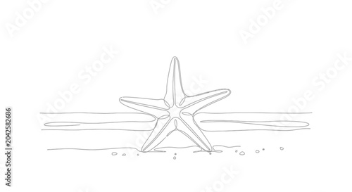 Minimalist line art of a starfish on sandy shoreline against white background