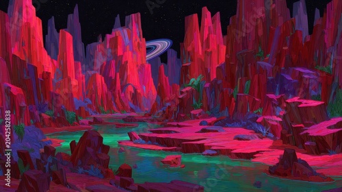 Surreal Alien Landscape with Ringed Planet and Glowing Water.