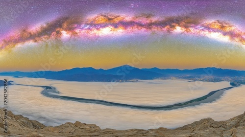 Surreal Landscape with Milky Way Over Mountains and Salt Flats.