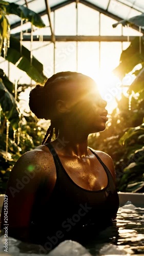 Silhouetted woman in a greenhouse pool at golden hour, sun flare behind her profile, calm reflective mood with wellness and fitness context