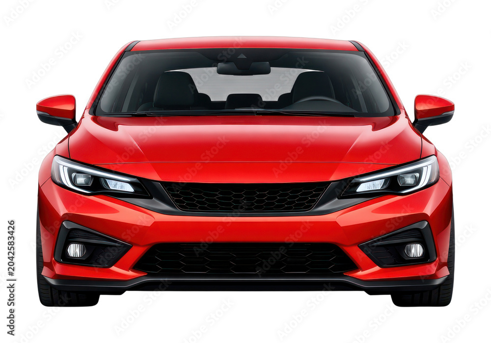 Obraz premium PNG Sleek red sedan front view on white background.