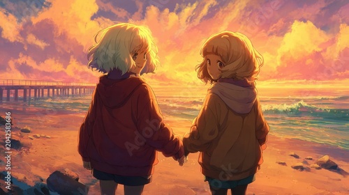 Two young girls holding hands on a beach at sunset.