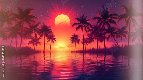 Tropical Sunset Reflection with Silhouette Palm Trees on Calm Water in Vibrant Pink Sky