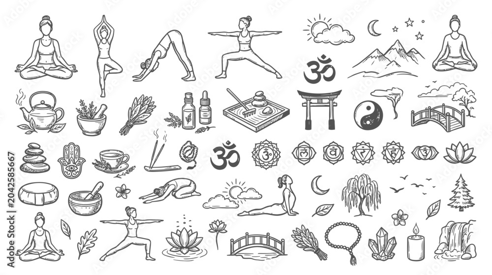 Fototapeta premium Yoga Poses and Wellness Symbols Collection - Hand-drawn Sketch Art