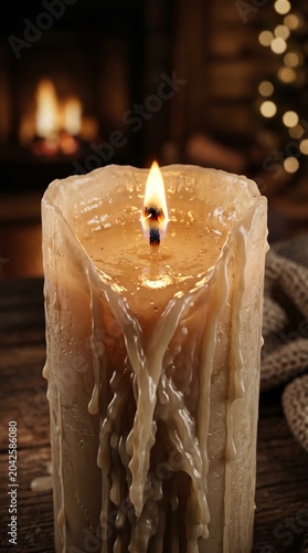 Close-Up Macro Shot of Melting Pillar Candle with Dripping Wax Burning in Cozy Fireplace Home Setting